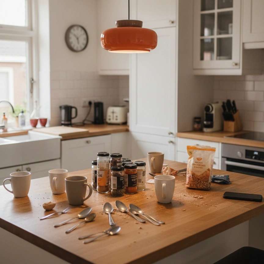 Fotorecensie met oranje Bauhaus hanglamp in keuken