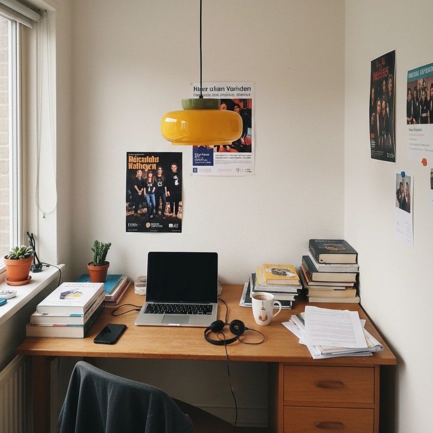 Fotorecensie met gele Bauhaus hanglamp bij bureau