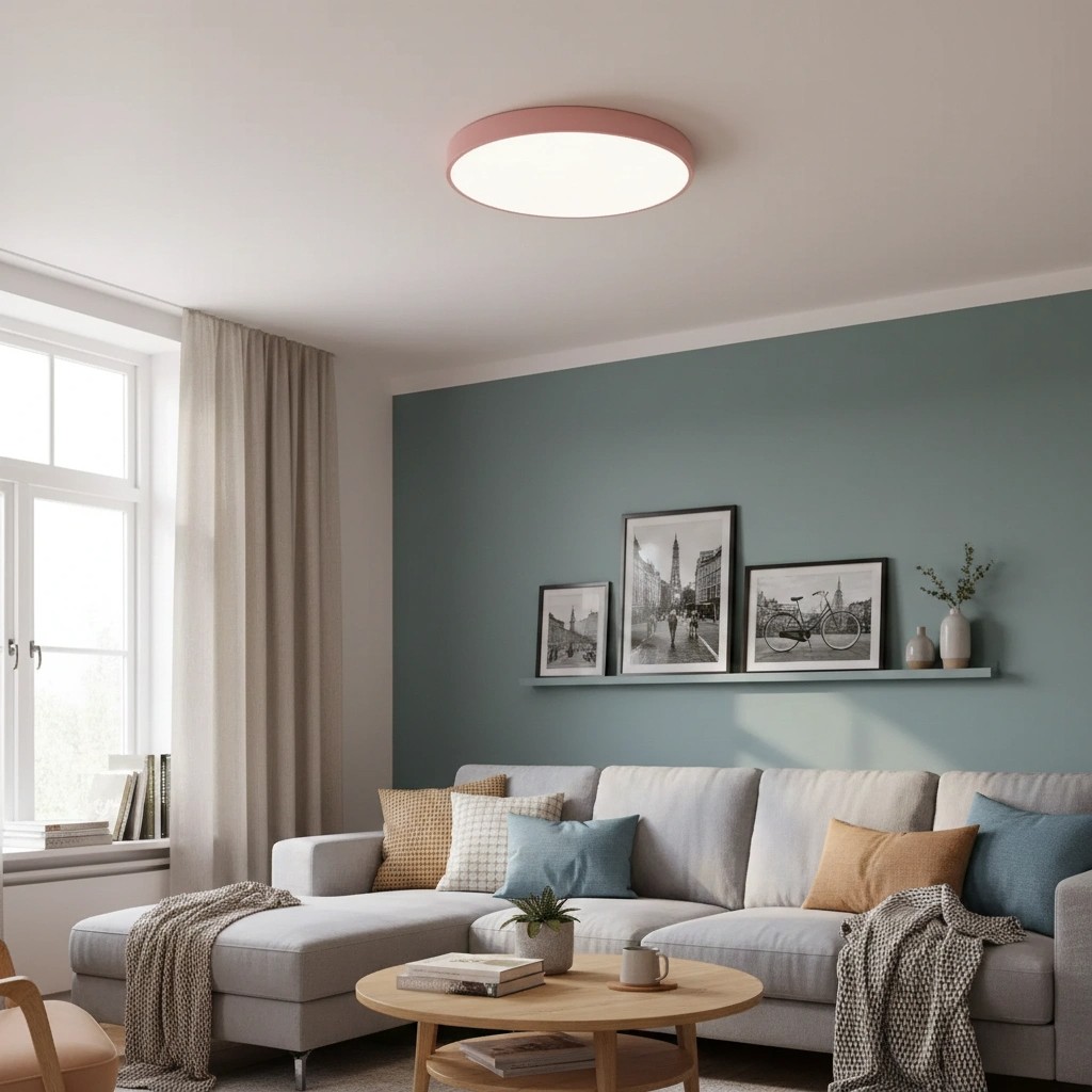 Roze LED-plafondlamp in woonkamer