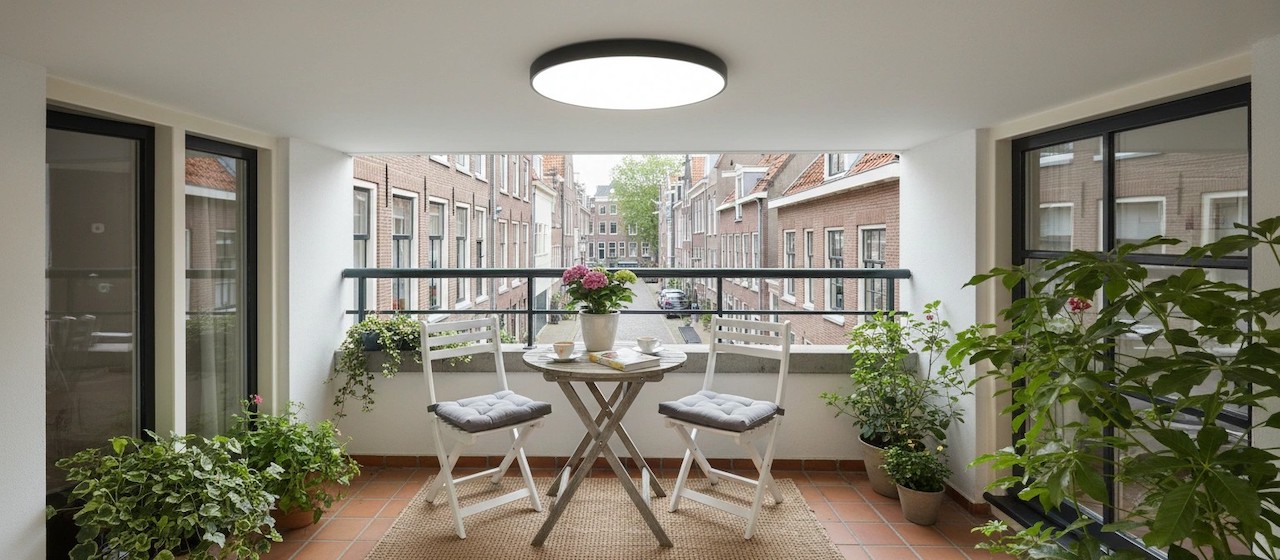Scandinavische LED-plafondlamp op een balkon