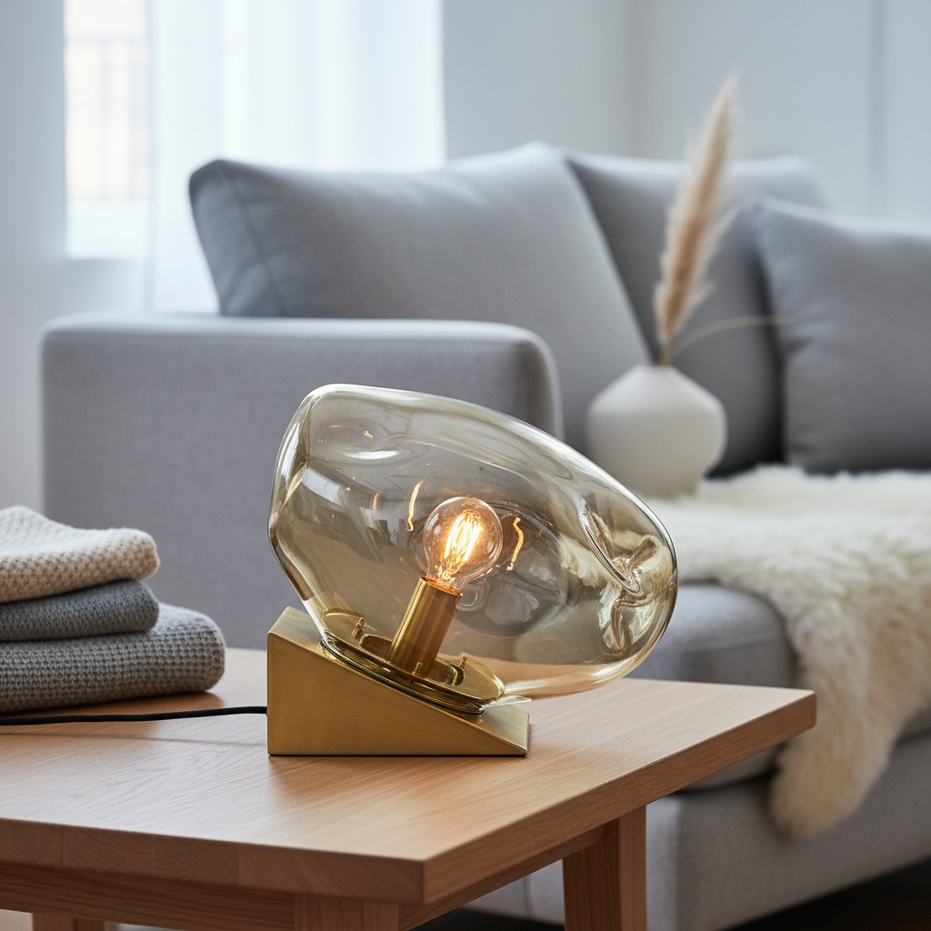 Glissora tafellamp op houten tafel bij bank