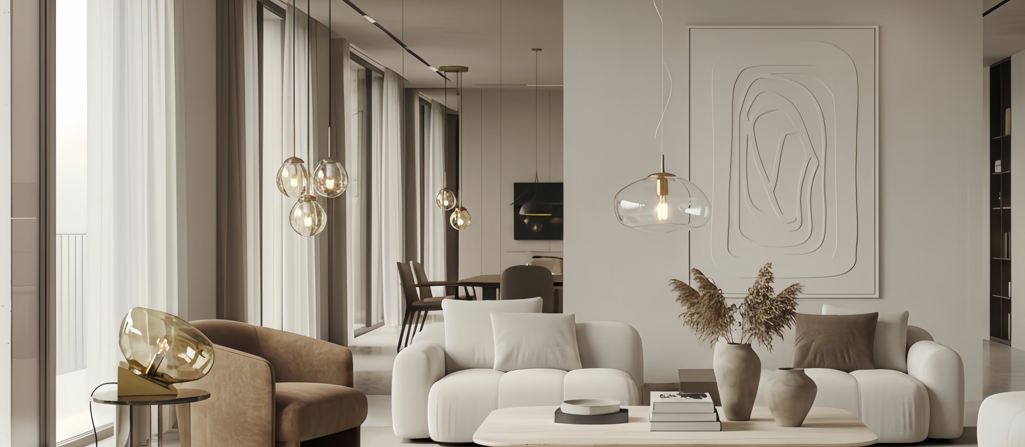 Glissora serie met tafellamp en hanglampen in woonkamer