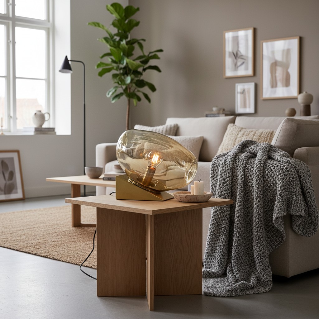 Glissora glazen tafellamp op een salontafel