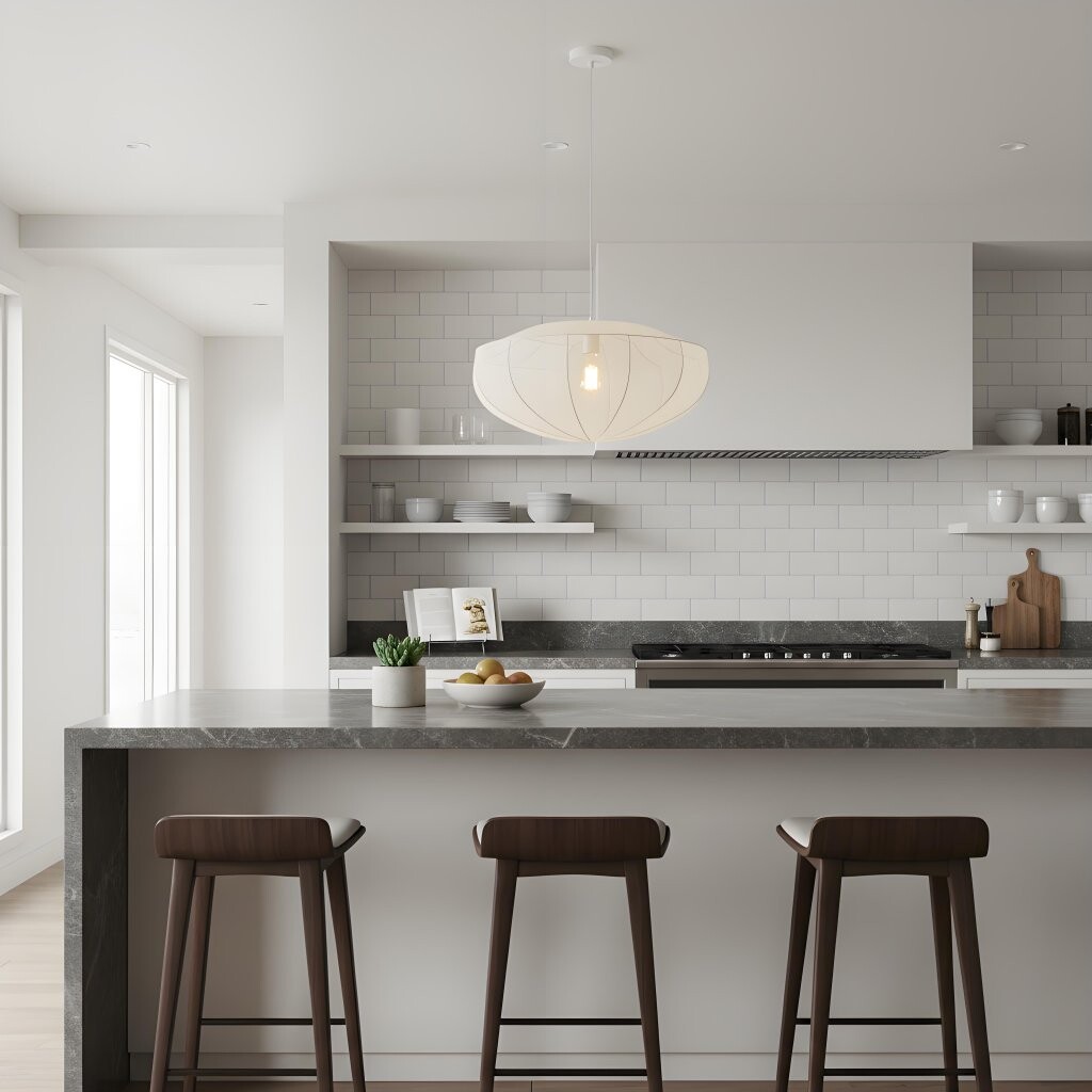 Lumifil hanglamp boven een kookeiland in een lichte keuken