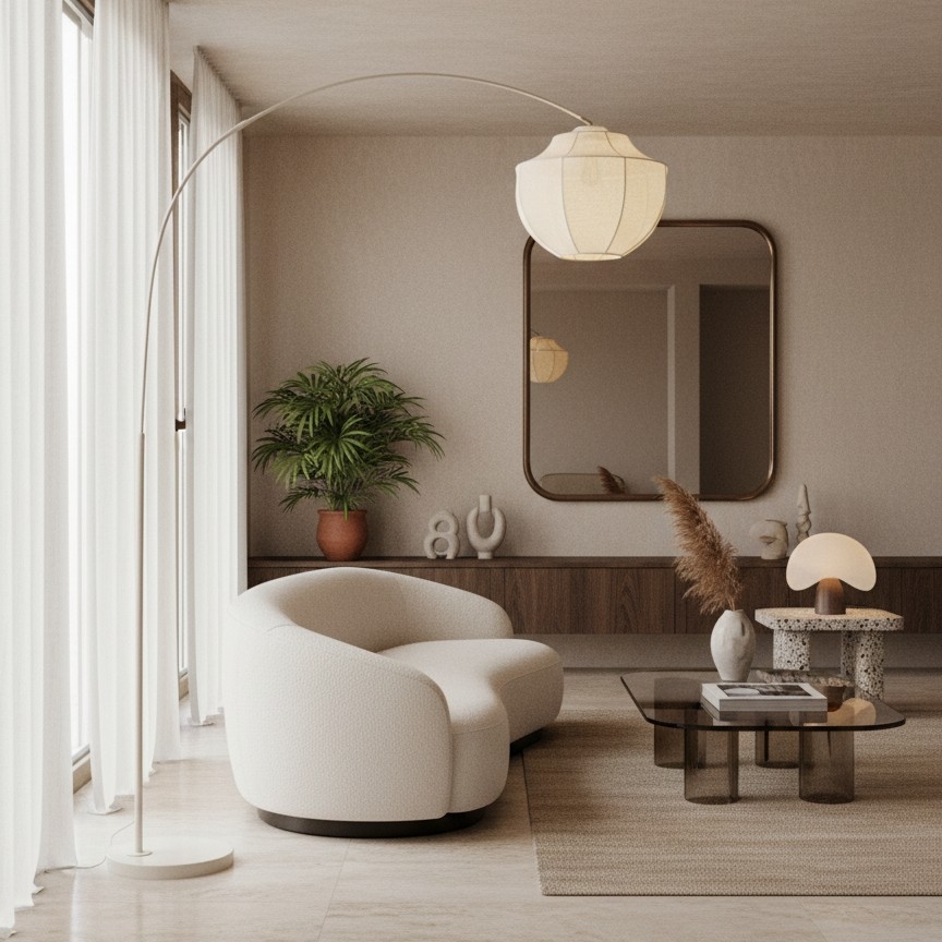 Lumifil booglamp in een neutrale loungehoek