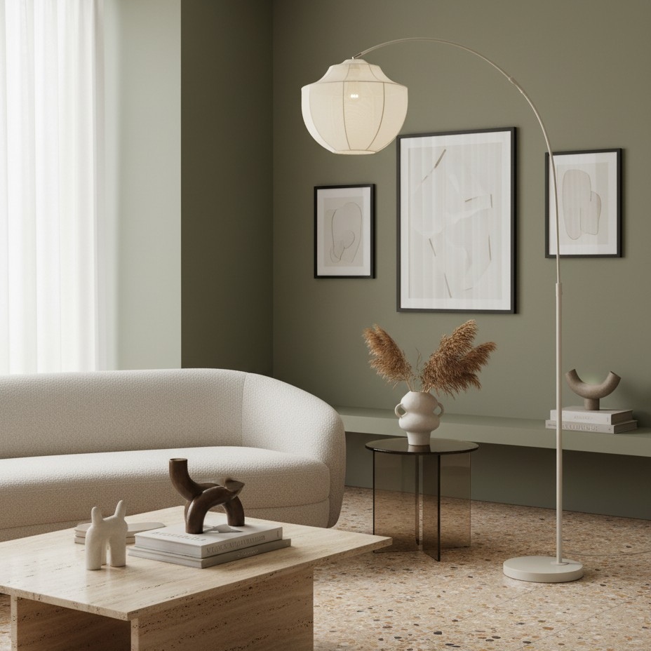 Lumifil booglamp in een zachte moderne woonkamer