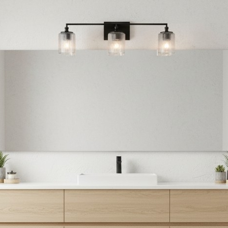 Lirra wandlamp boven een moderne badkamermeubel