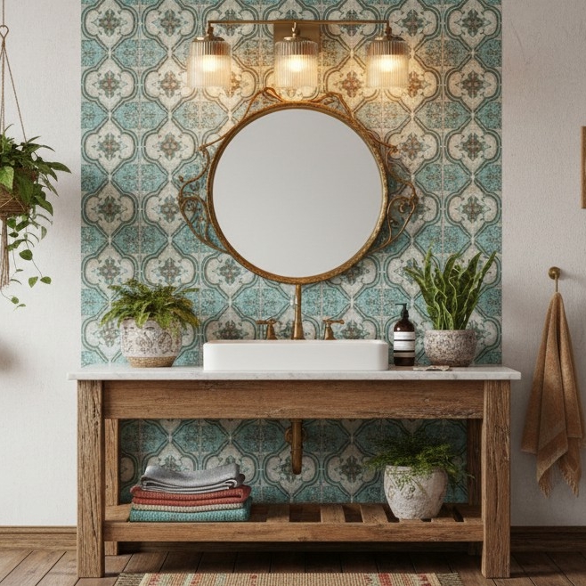 Lirra wandlamp boven een wastafel met decoratieve tegelwand