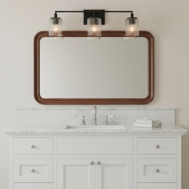 Lirra wandlamp boven een klassieke badkamerspiegel