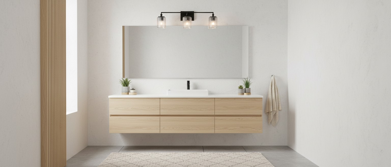 Lirra serie boven een brede moderne badkamerspiegel