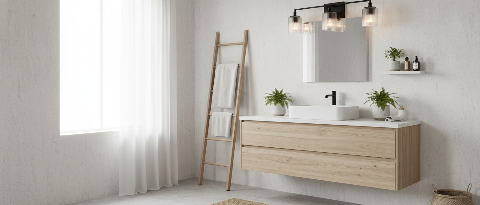 Lirra geribbelde wandlamp boven een moderne badkamerwastafel