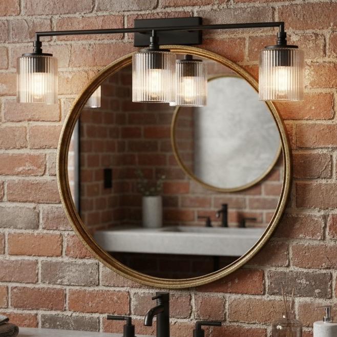 Lirra wandlamp bij ronde spiegel en bakstenen wand