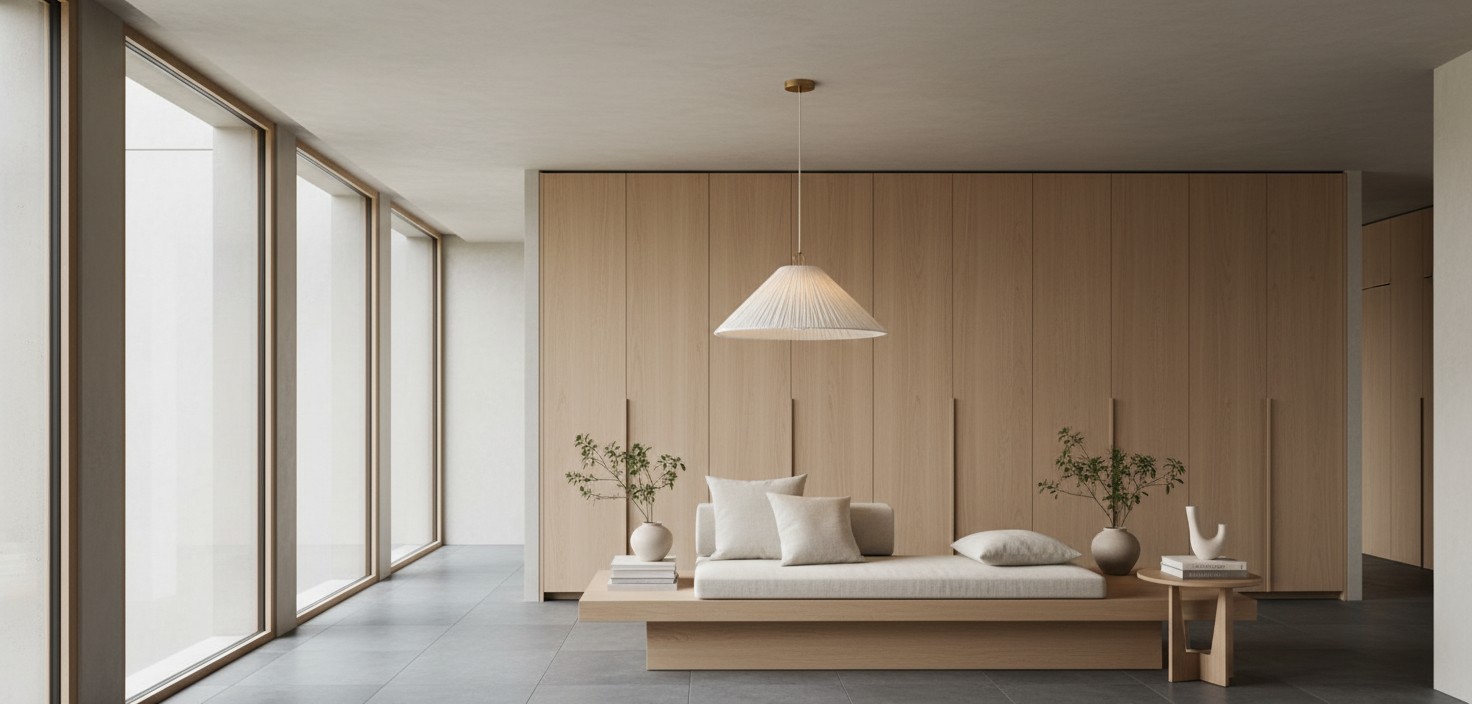 Blossine linnen hanglamp in een lichte moderne woonkamer