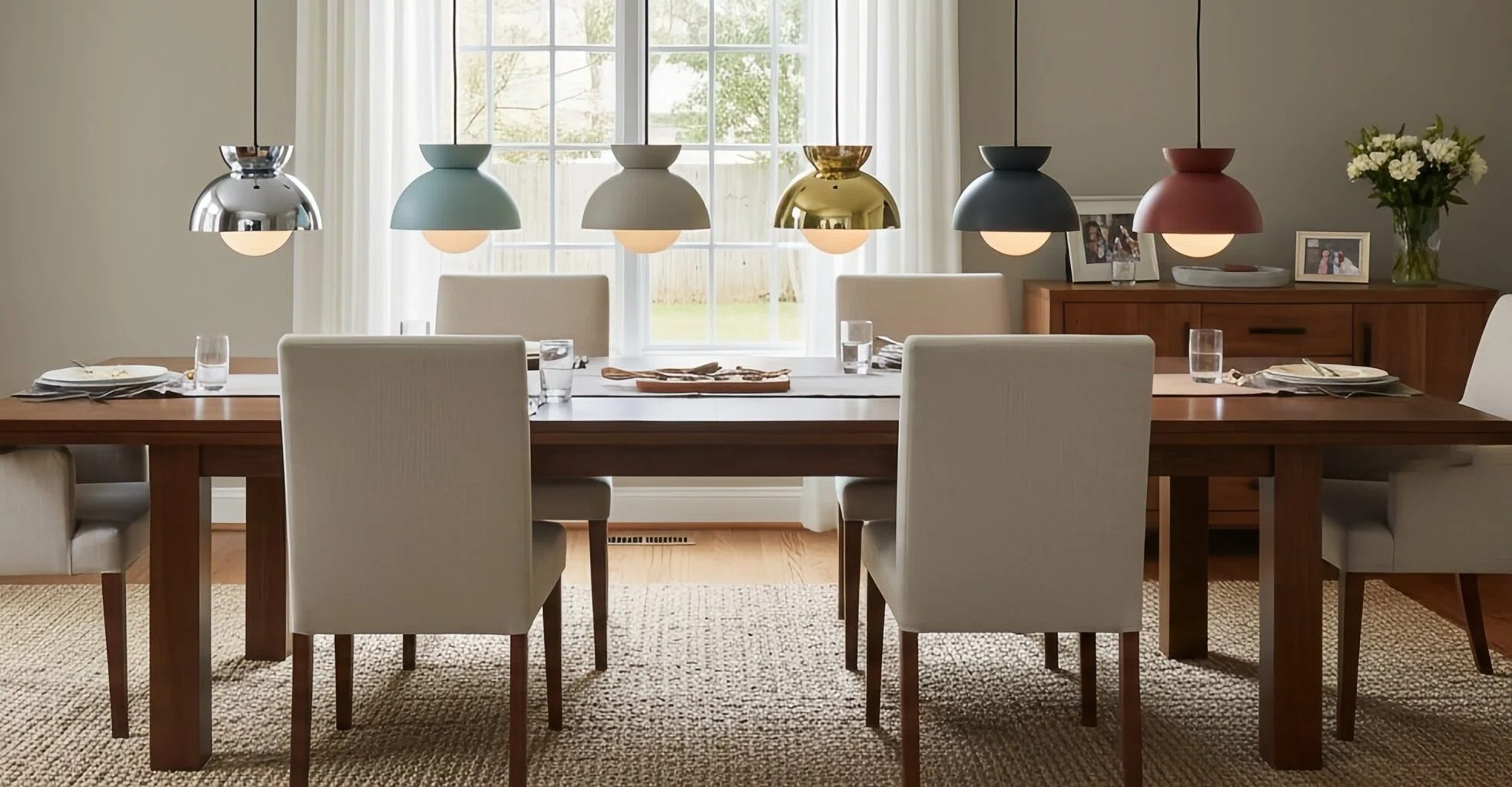 Aurelia hanglamp in meerdere kleuren boven eettafel