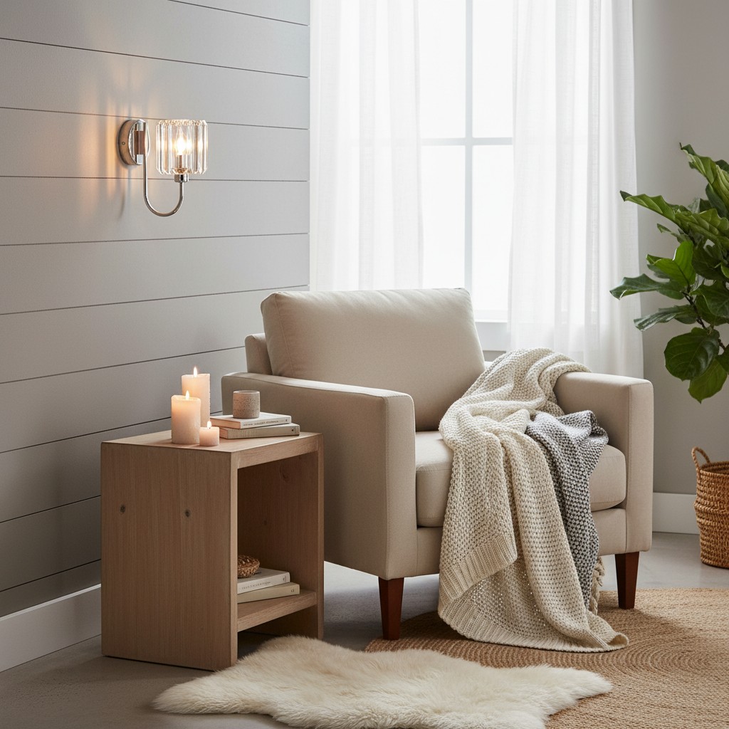 Tracian wandlamp naast een fauteuil