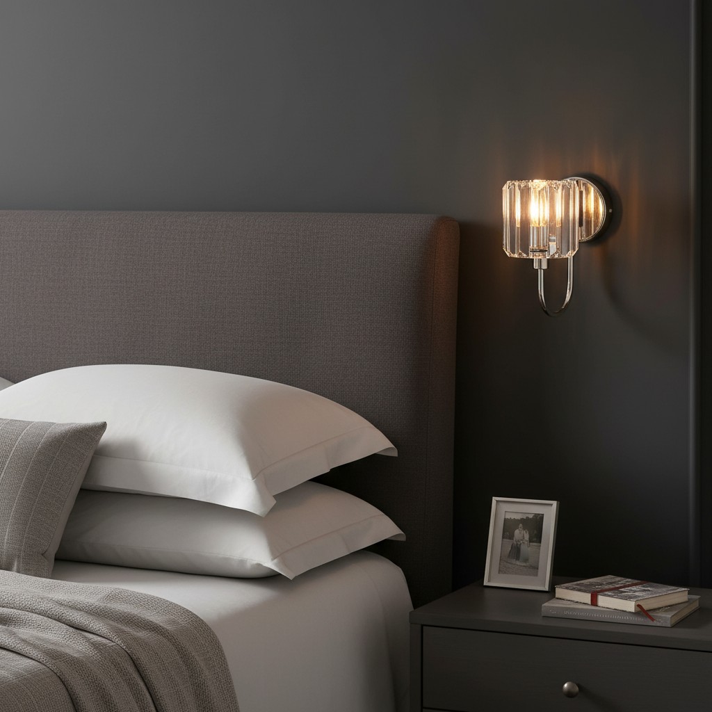 Tracian wandlamp naast een bed