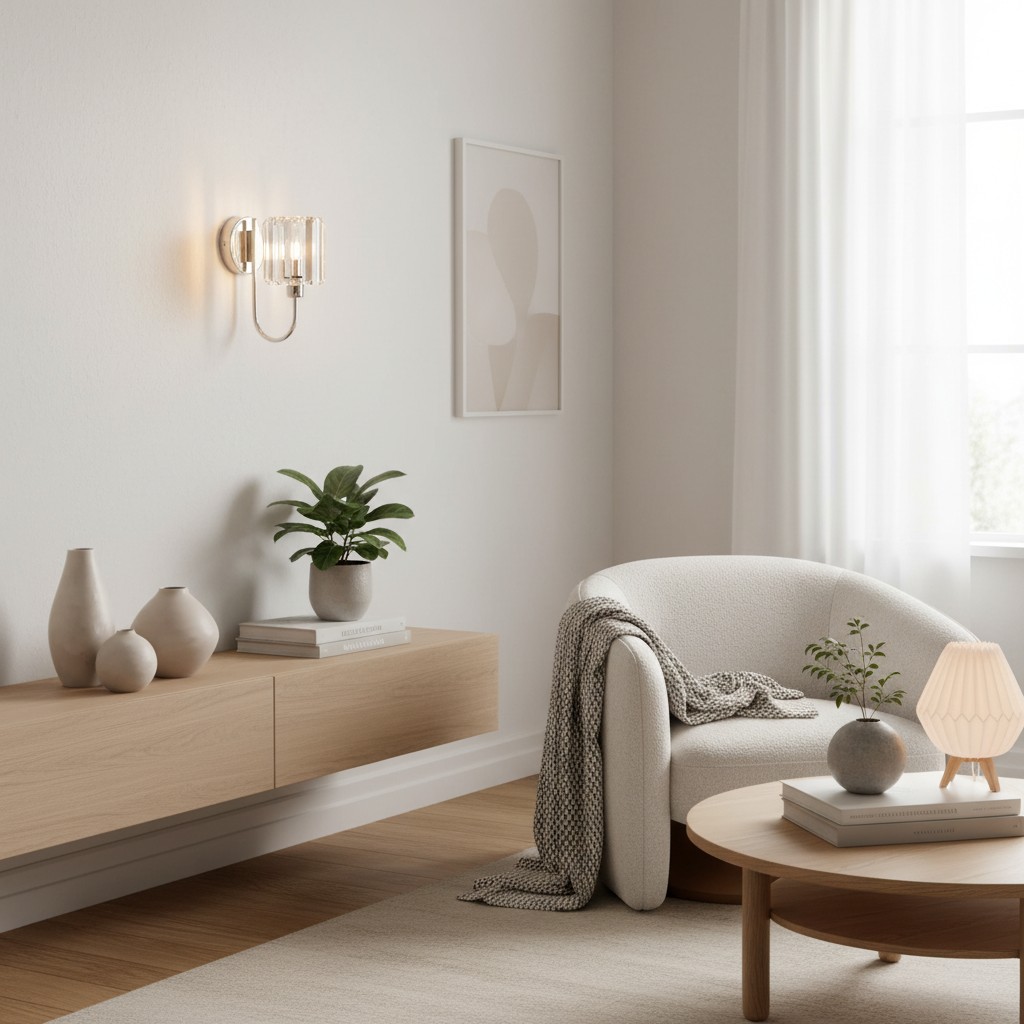 Tracian wandlamp in een lichte woonkamer