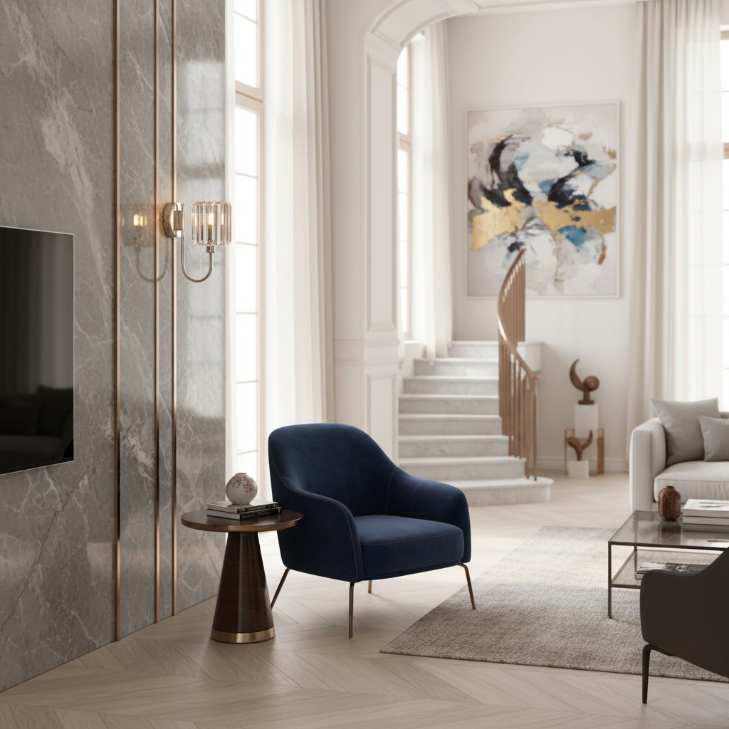 Tracian wandlamp in een lichte hal en woonkamer
