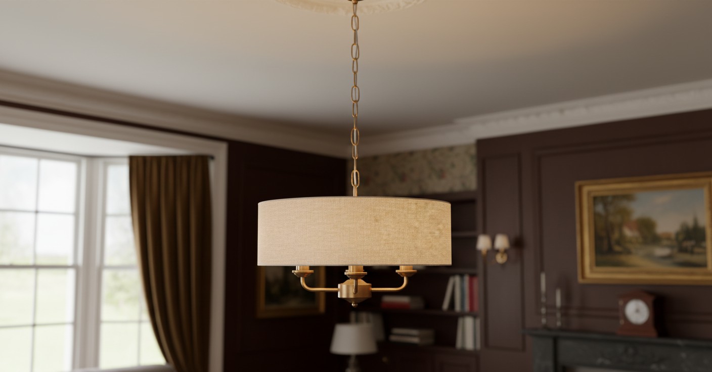 Tela Classic hanglamp met stoffen kap in traditionele kamer