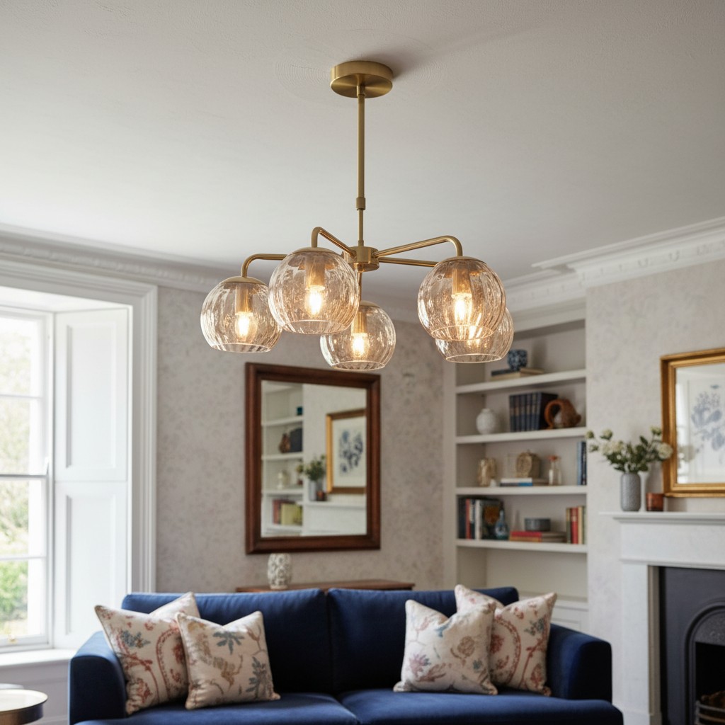 Tracian lamp in woonkamer met blauwe bank