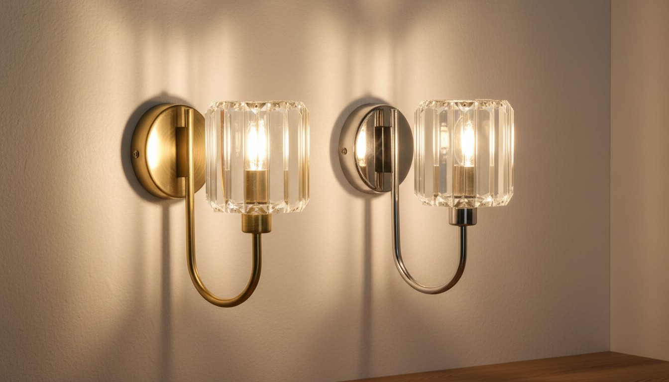 Tracian wandlamp met messing en nikkel afwerking en helder geslepen glazen kap
