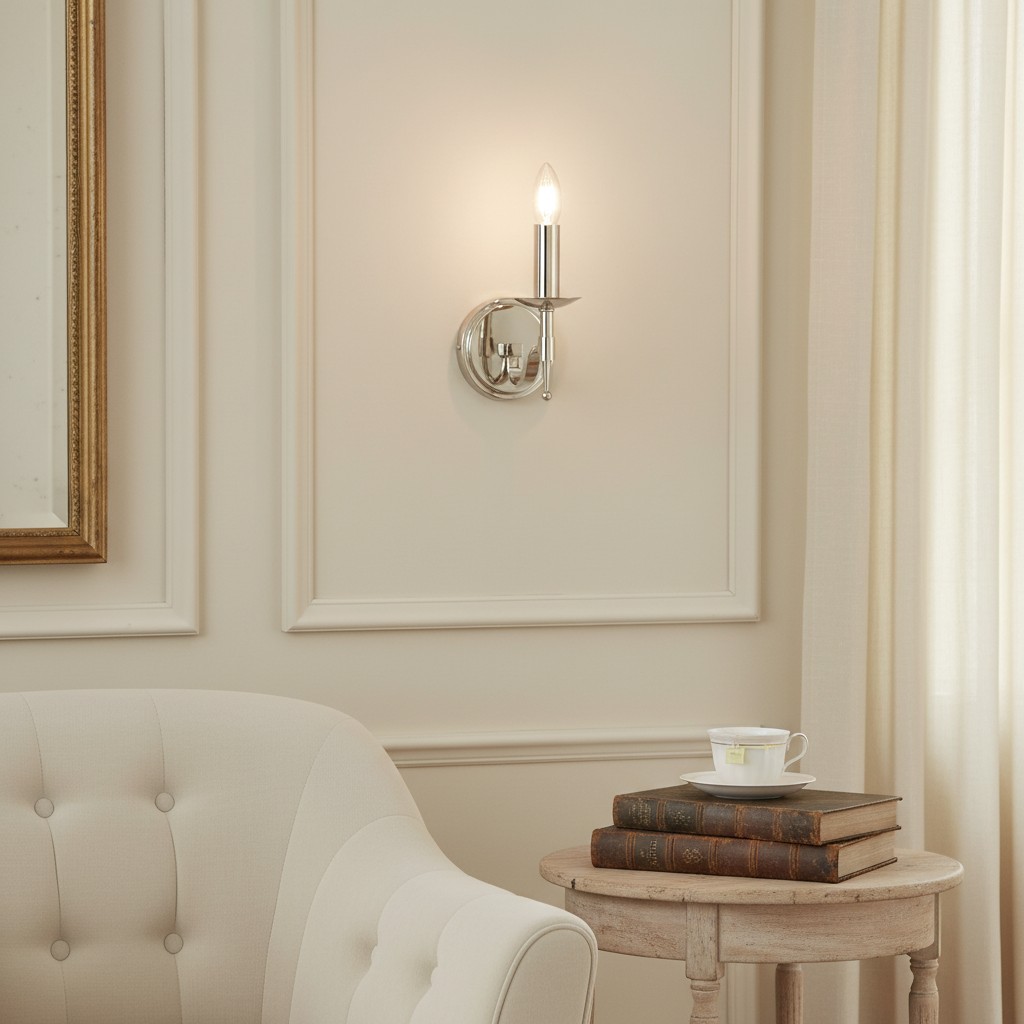 Tela nikkel wandkandelaar geïnstalleerd in een licht klassiek interieur