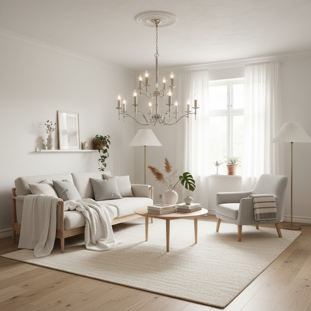 Tela chandelier in a soft neutral living room