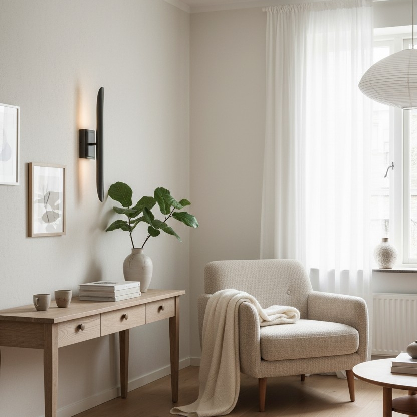 Wandlamp naast een stoel en console in een lichte kamer