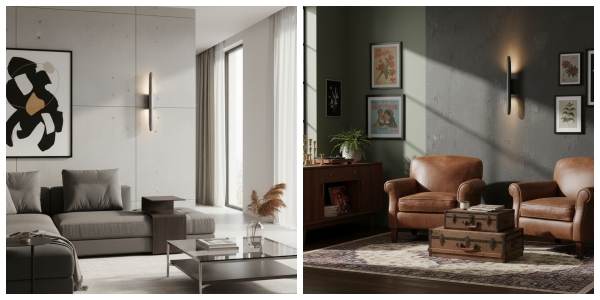 Twee interieurs met de Modo wandlamp in verschillende sferen