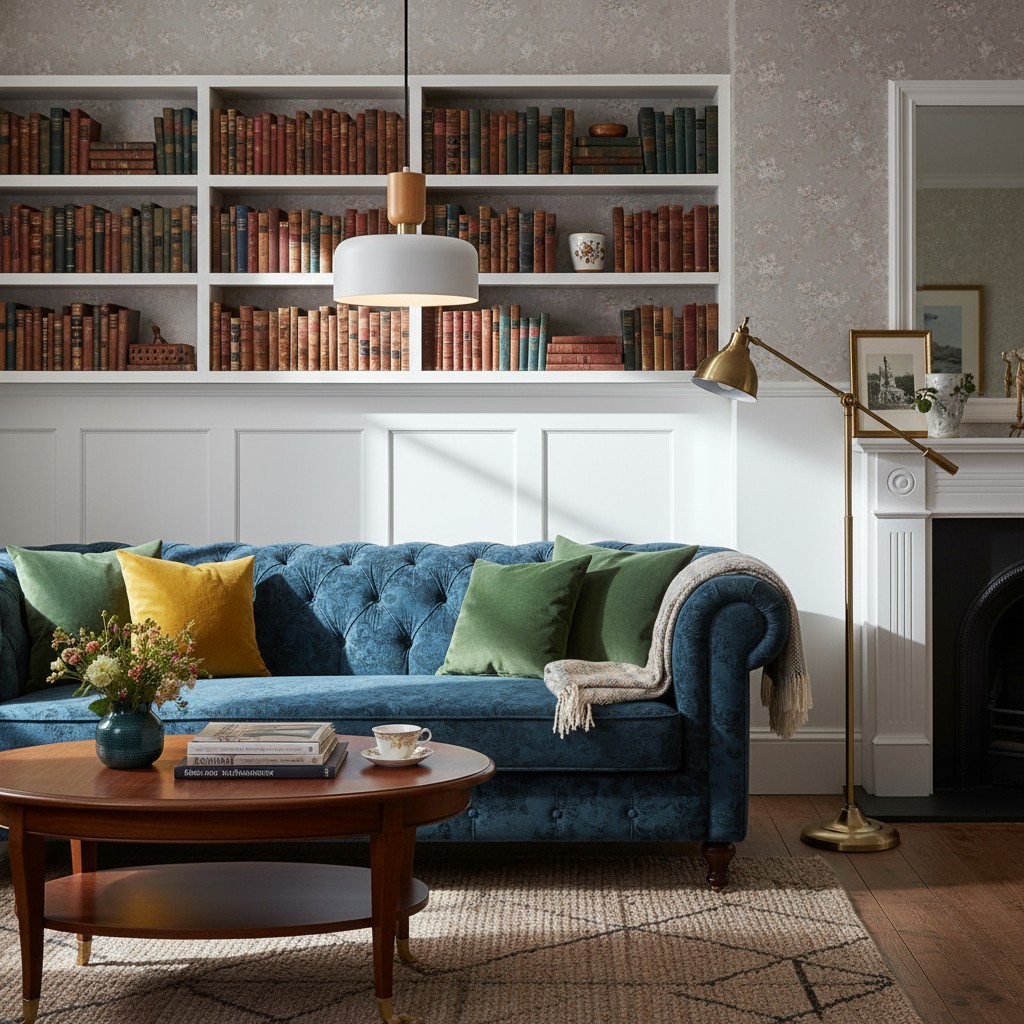 Orbulis hanglamp in een woonkamer met boekenkast