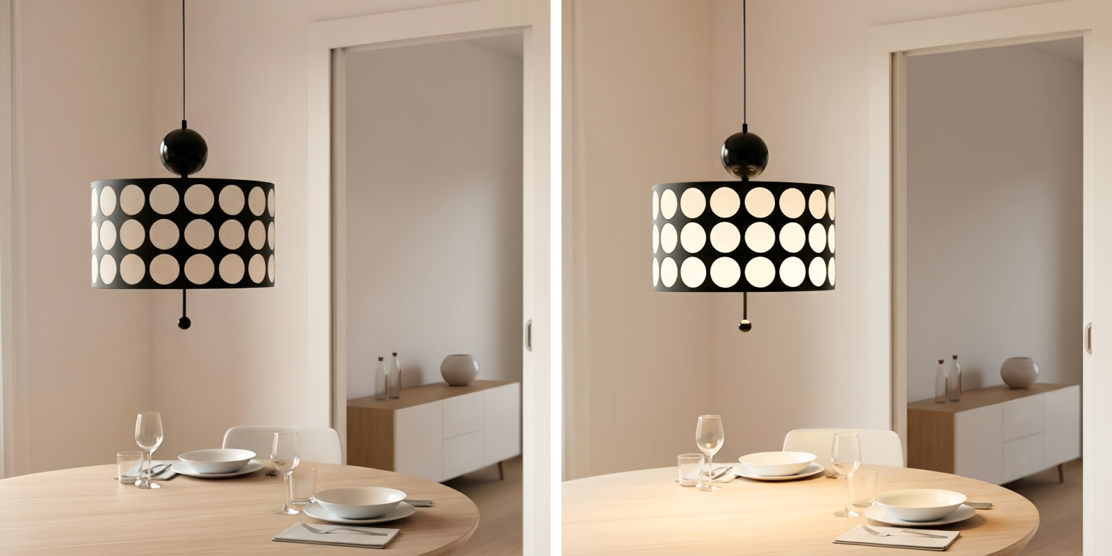 Vergelijking van de hanglamp met verlichting uit en aan