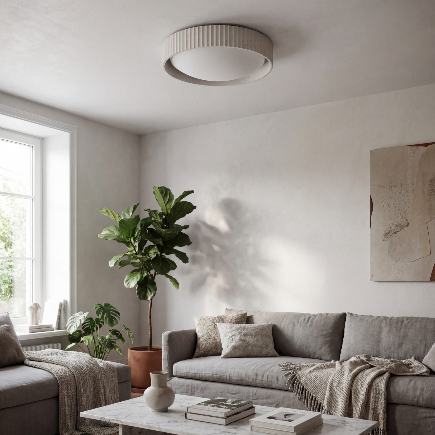 Acrion plafondlamp in een grijze woonkamer