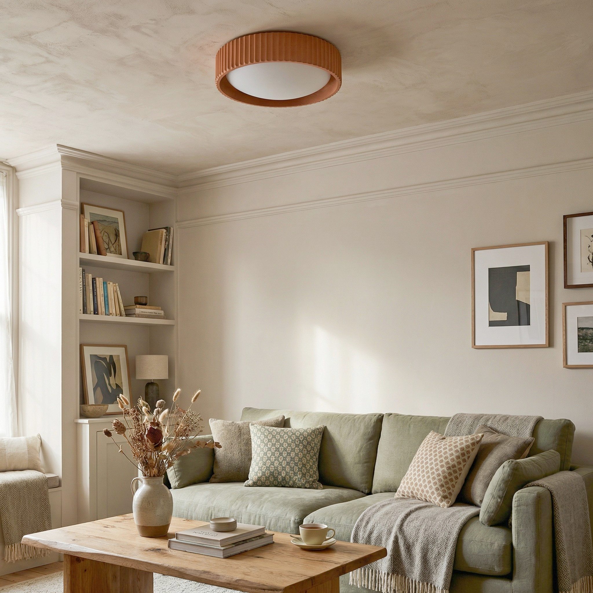 Acrion plafondlamp in een lichte woonkamer