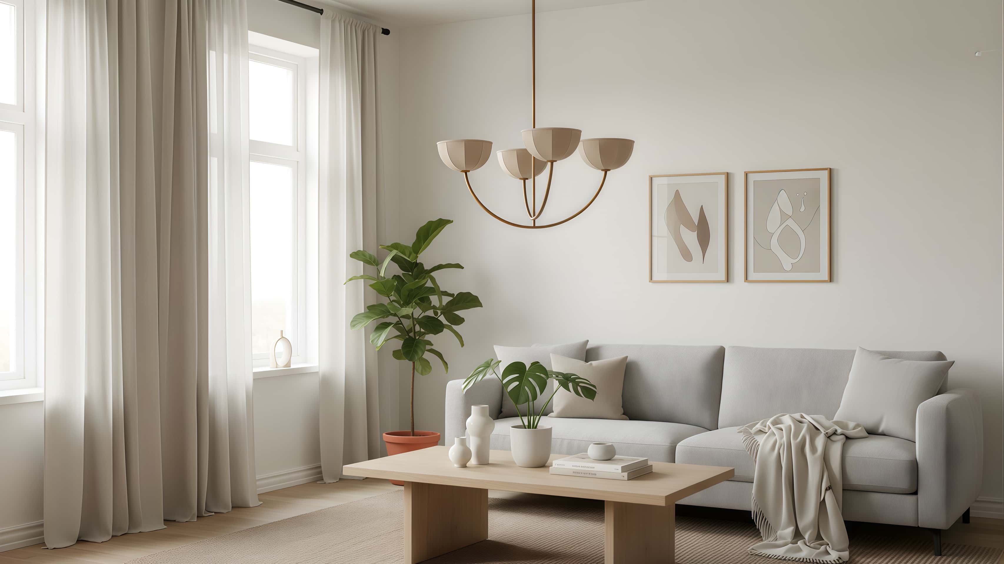 Loomis kroonluchter in een lichte woonkamer