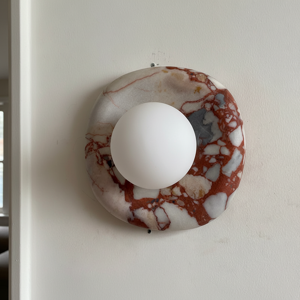Klantfoto van Oria wandlamp met rode steenlook