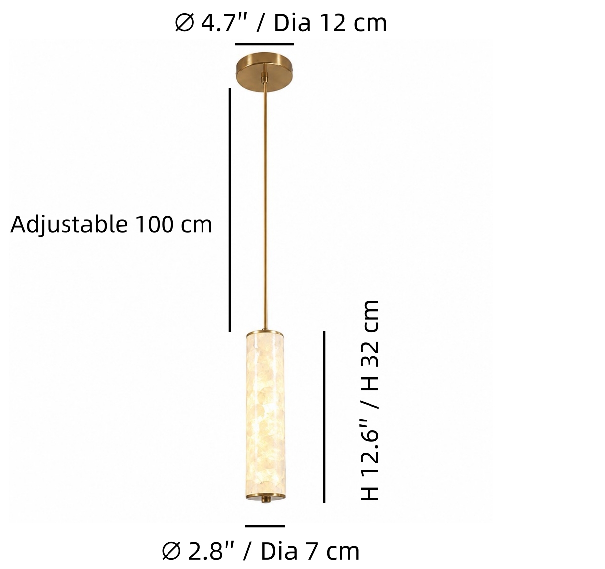 Maataanduiding voor de Nacrelith Capiz Shell cilindrische hanglamp