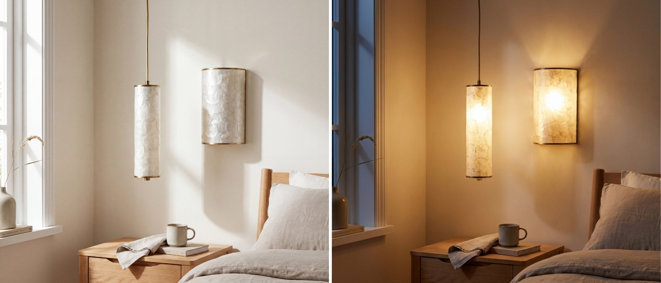 Sfeervolle wandlamp in interieur bij dag en nacht