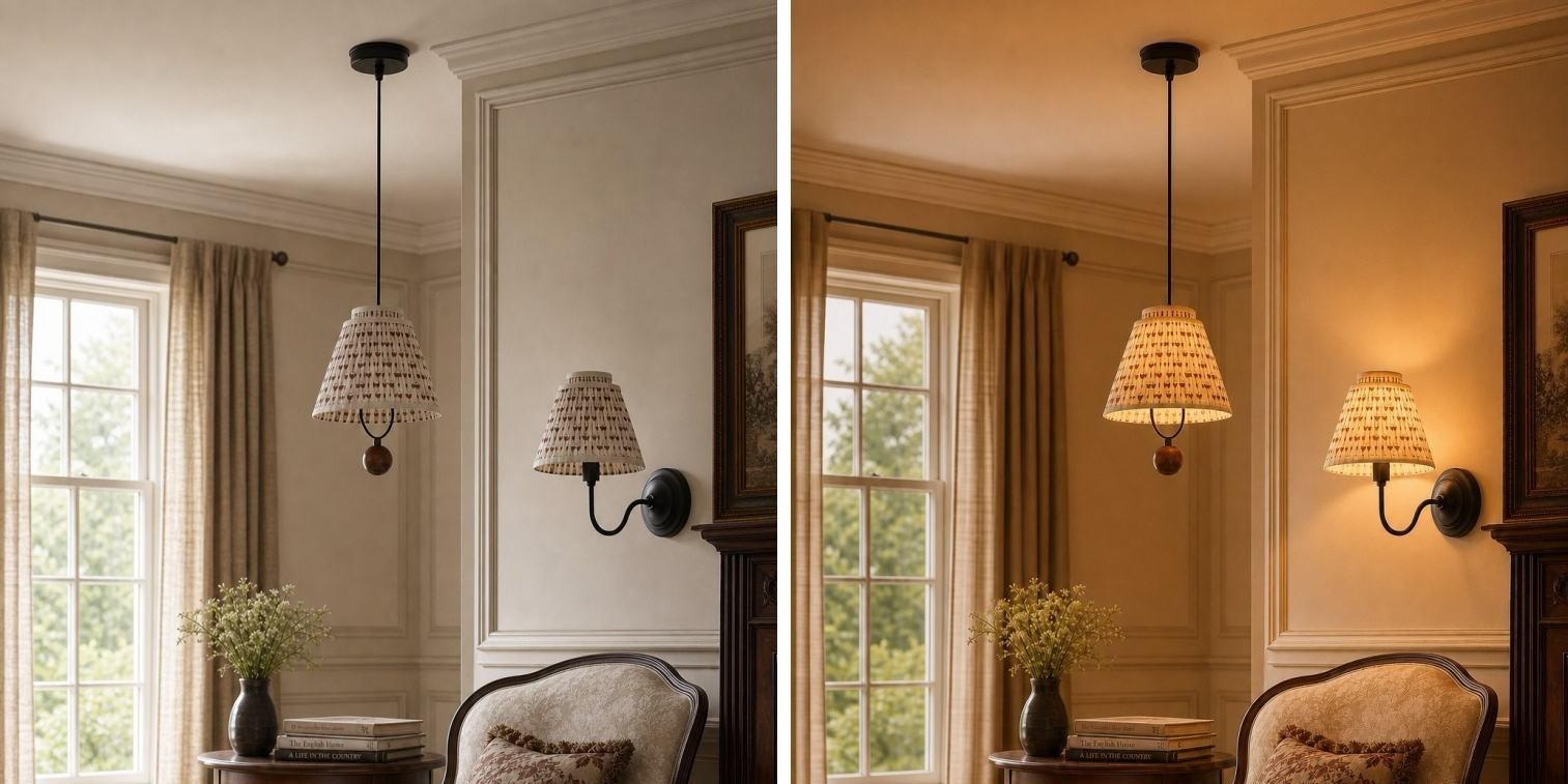 Solmire wandlamp en kroonluchter in een warme kamer