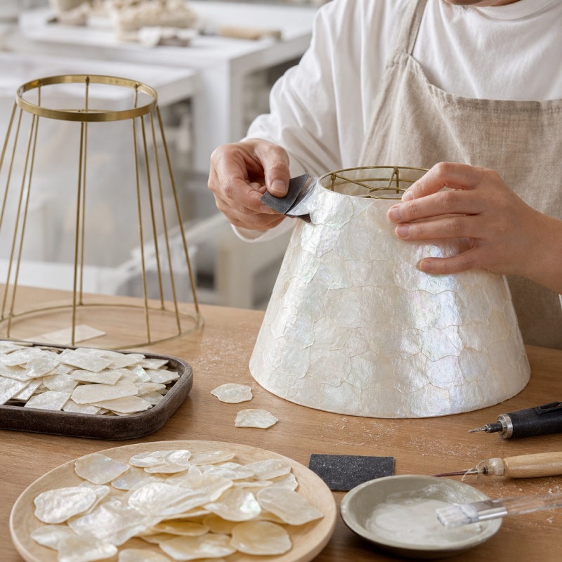 Hand assembling the Capiz shell lamp shade