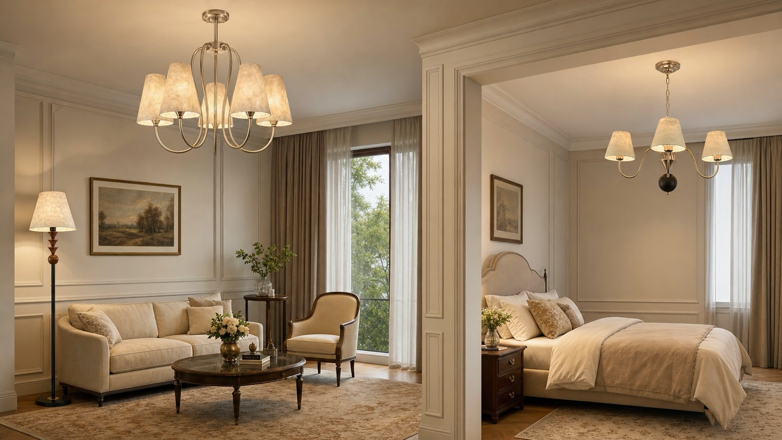 Micahell shell chandelier in warm living and bedroom interiors