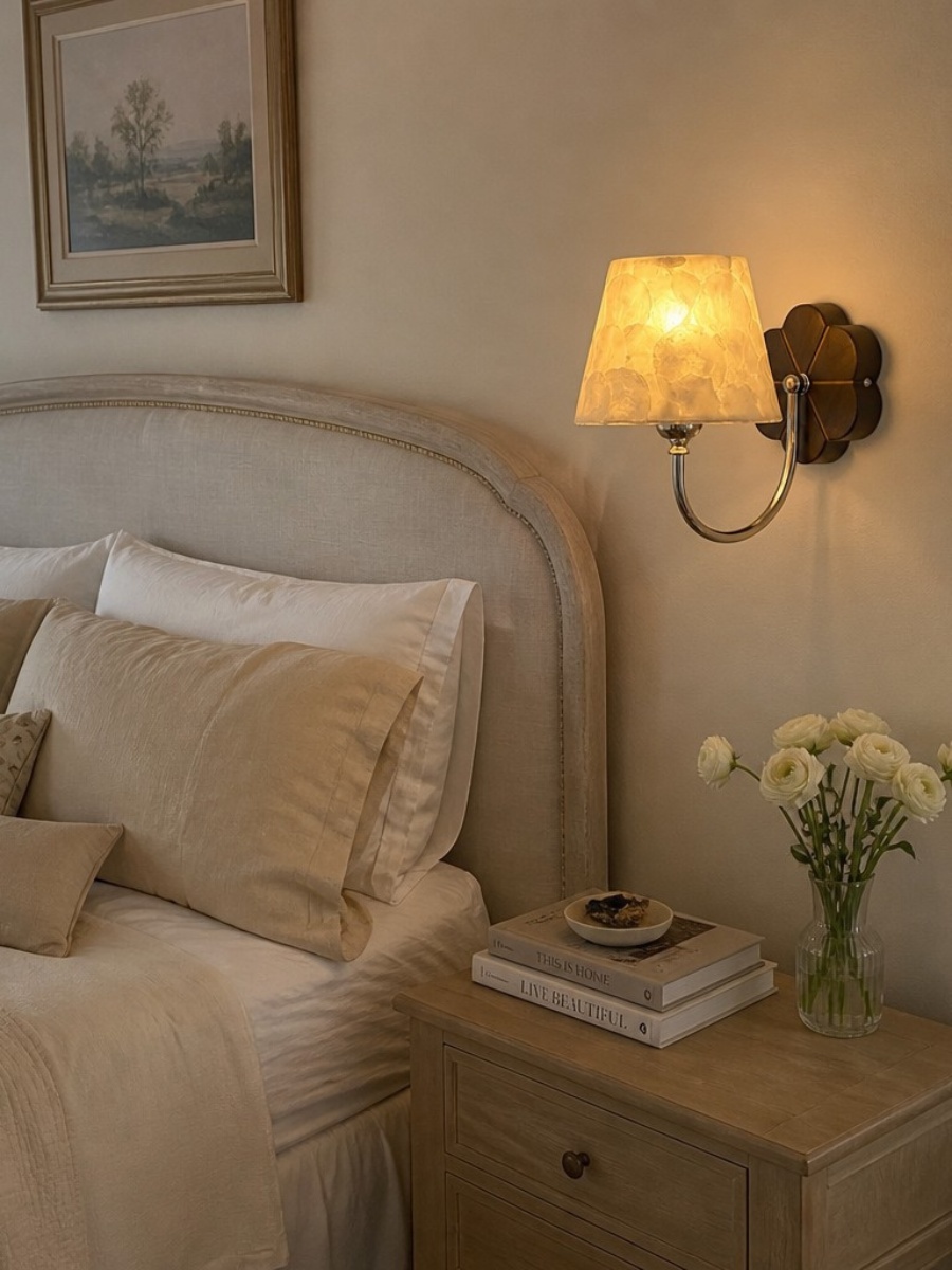 Klantfoto van Capiz wandlamp boven een kast