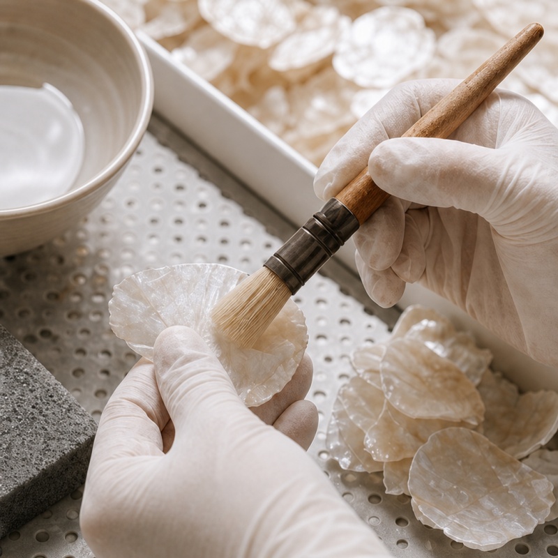 Hand polishing Capiz shell pieces