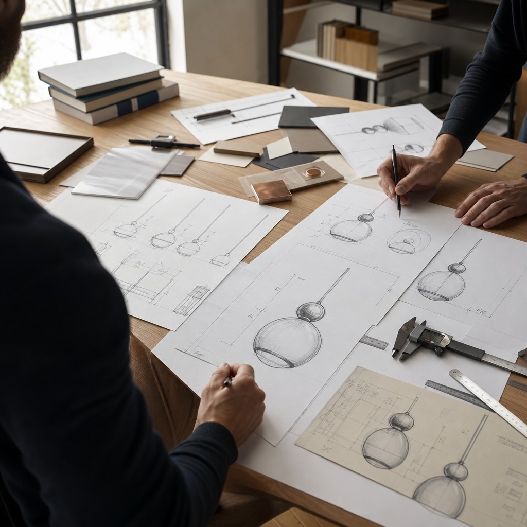 Ontwerpschetsen voor de bolvormige wandlamp