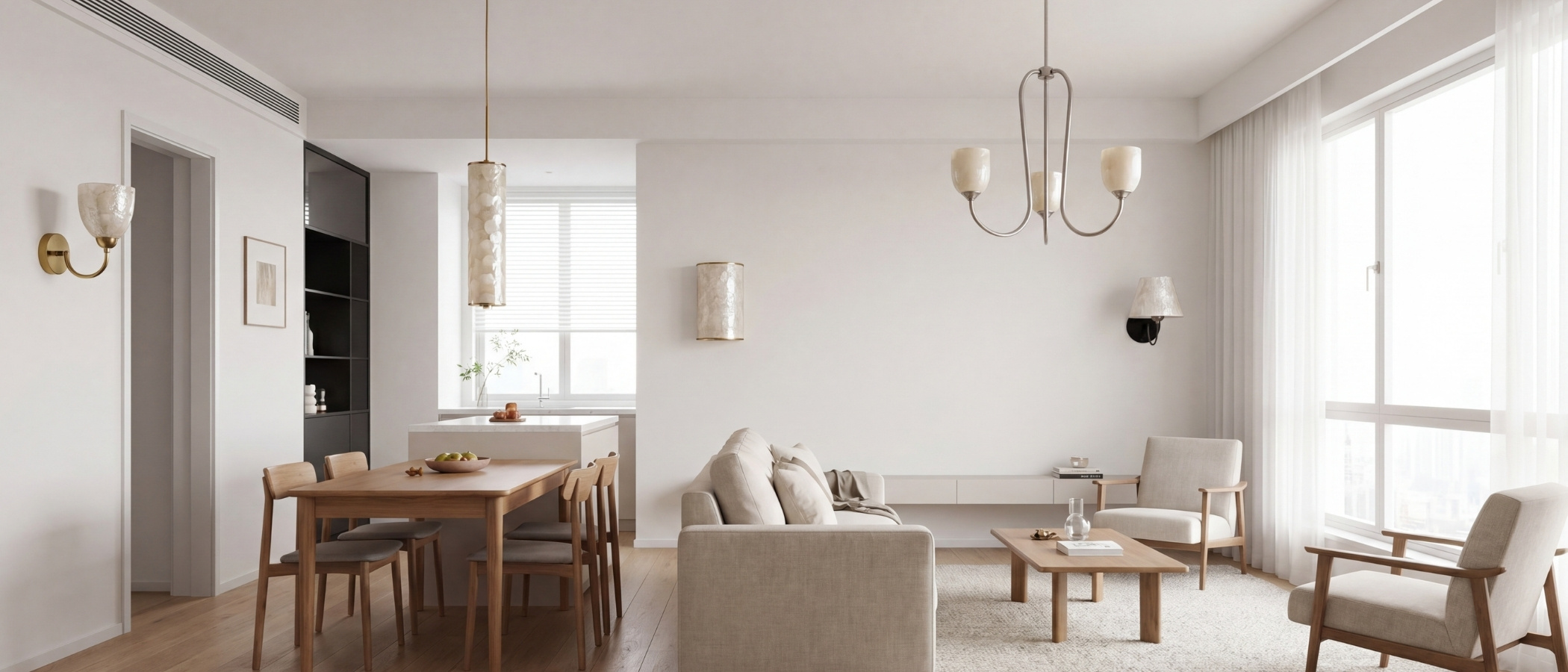Nacrelith Capiz Shell and Brass Cylinder Pendant Light in a bright Nordic living and dining room