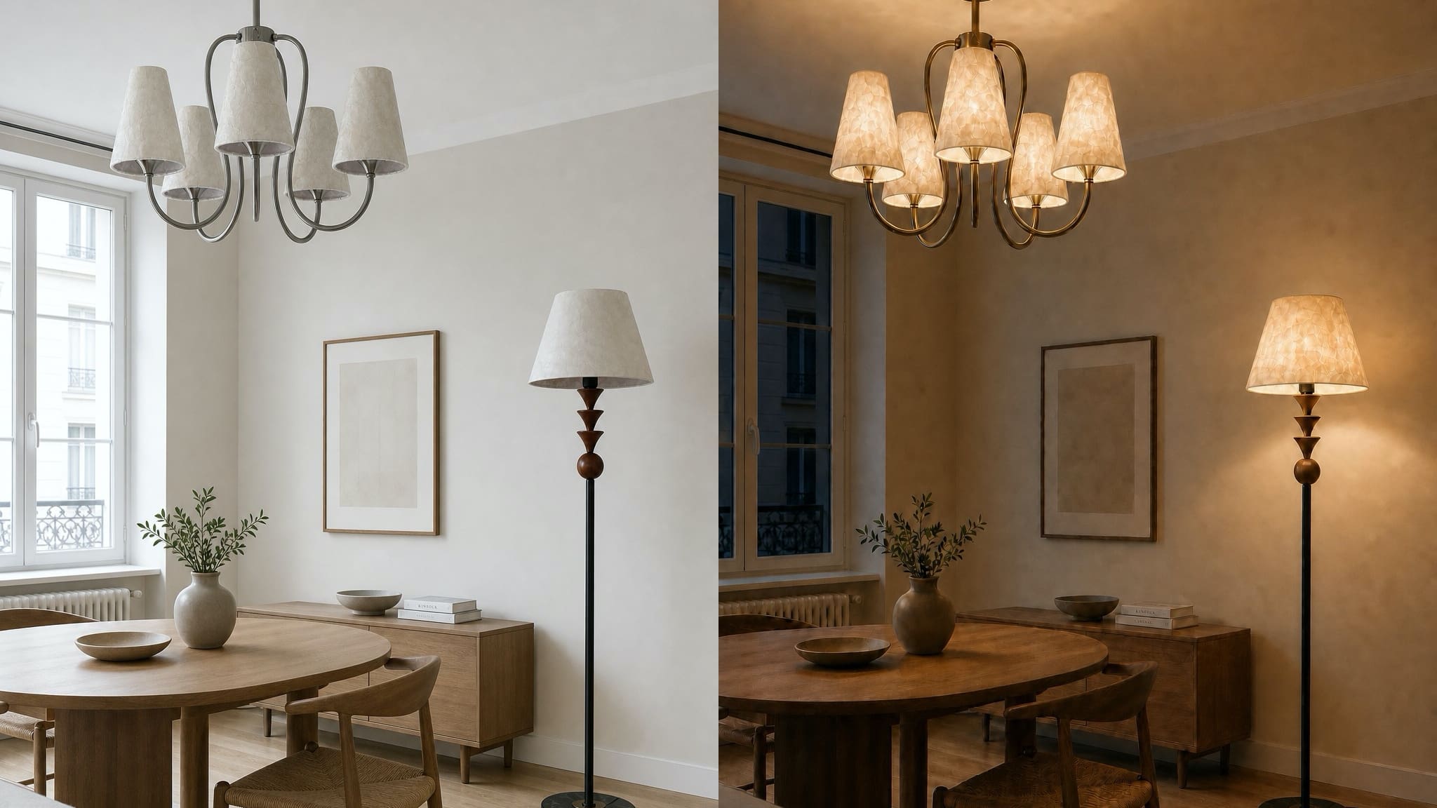 Micahell chandelier visual effect in warm evening interior