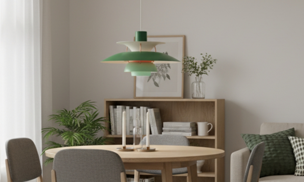 Groene Morandi hanglamp boven een eettafel
