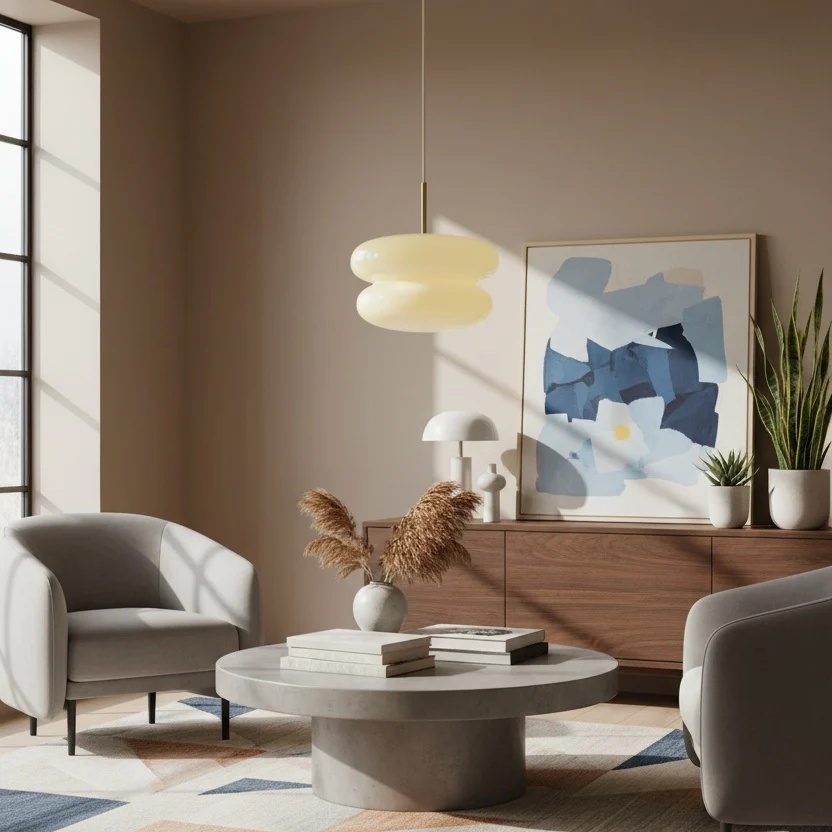 Opaal glazen hanglamp in woonkamer