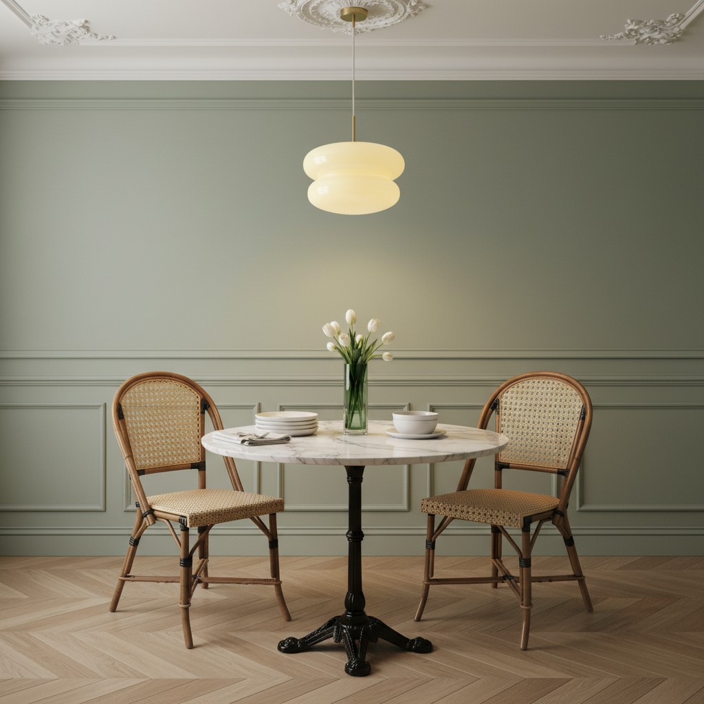 Opaal glazen hanglamp boven kleine tafel