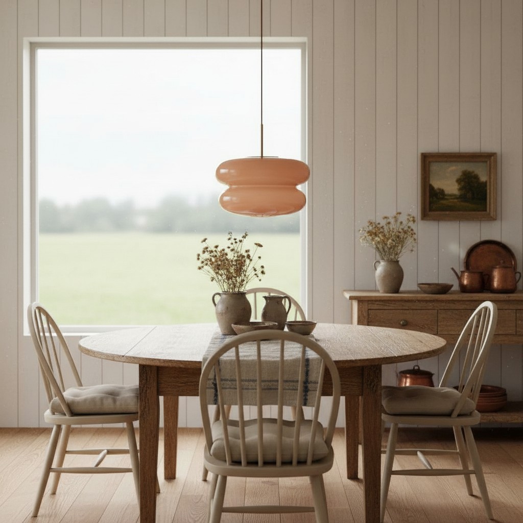 Opaal glazen hanglamp in eetkamer