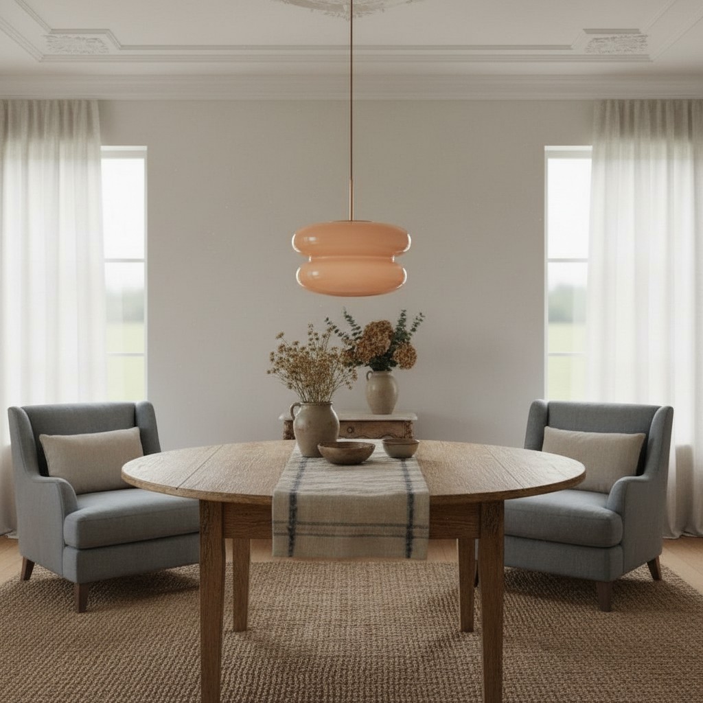 Opaal glazen hanglamp boven eettafel